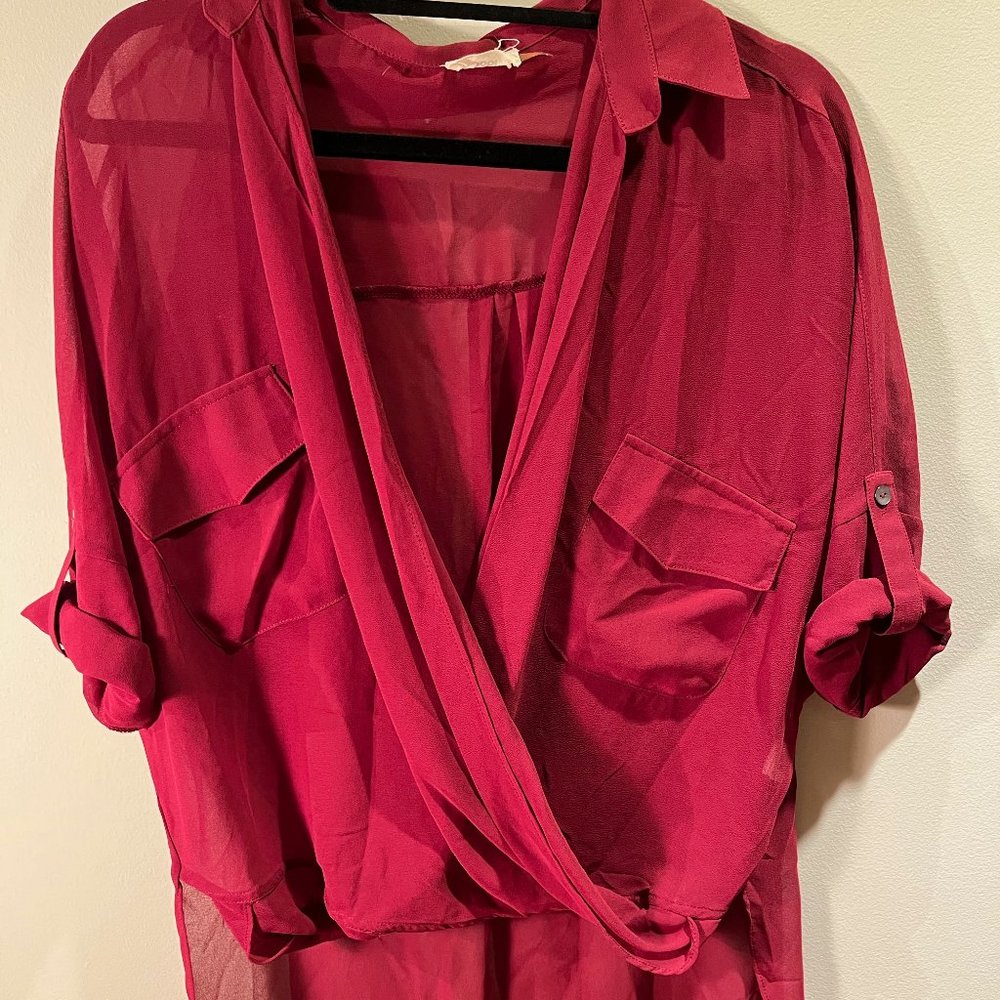 Tobi Wine Red Wrap Front Blouse